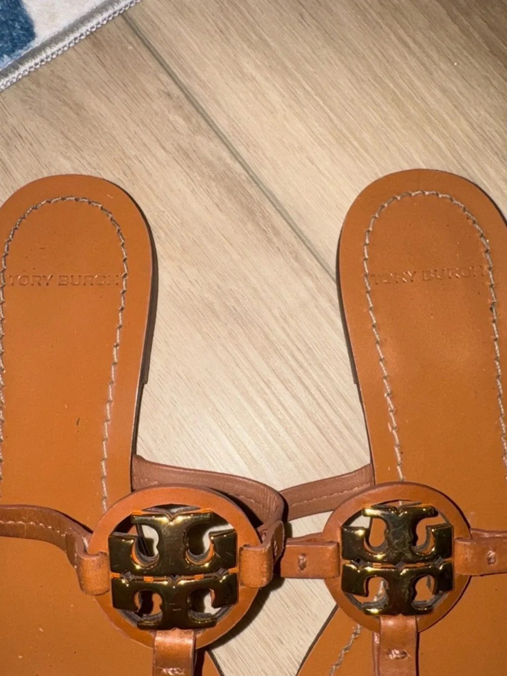 Tory Burch Tan Miller Metallic Logo Slide Sandals